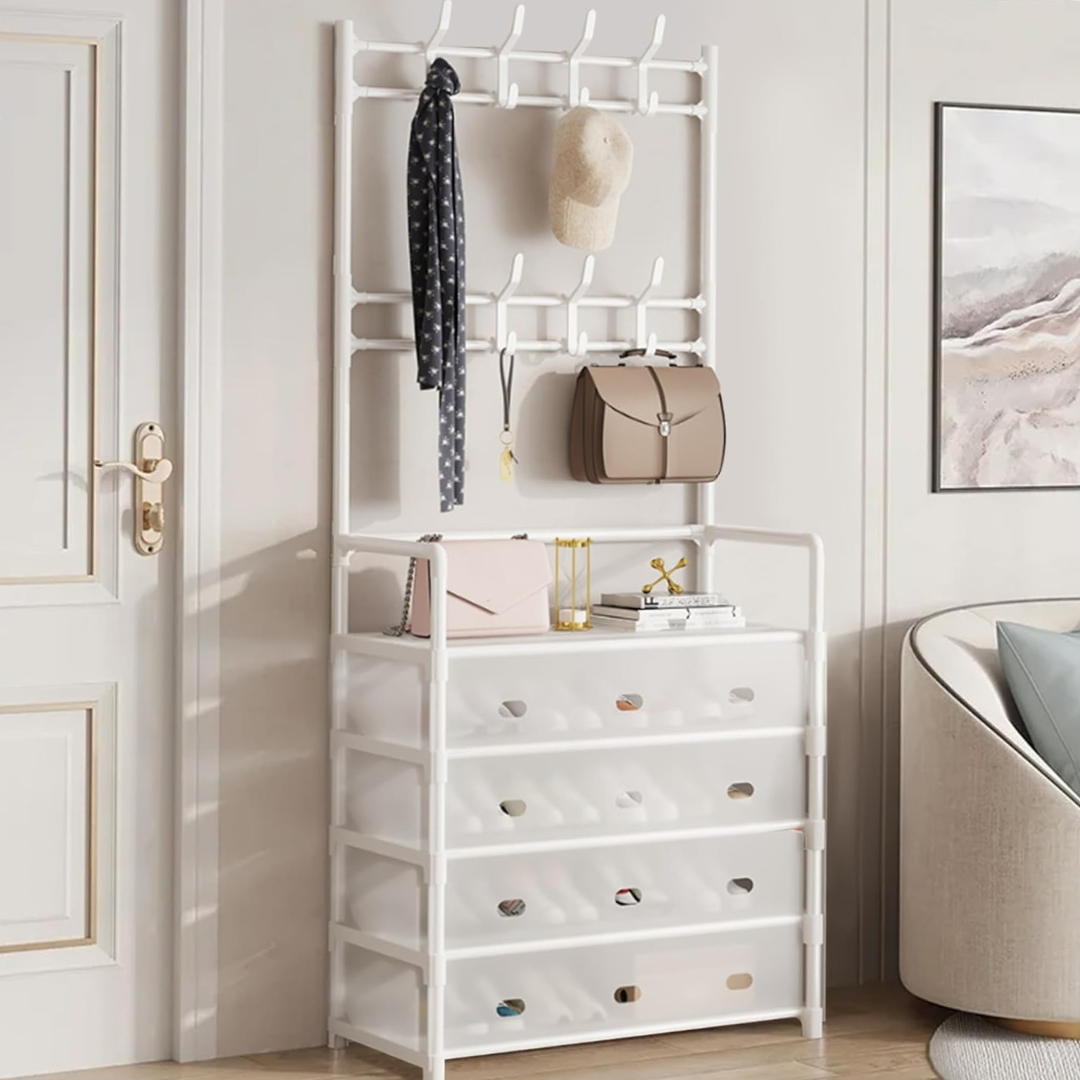 HOMERO 4-Tier Double Row Hooks Coat Rack with Shoe Storage