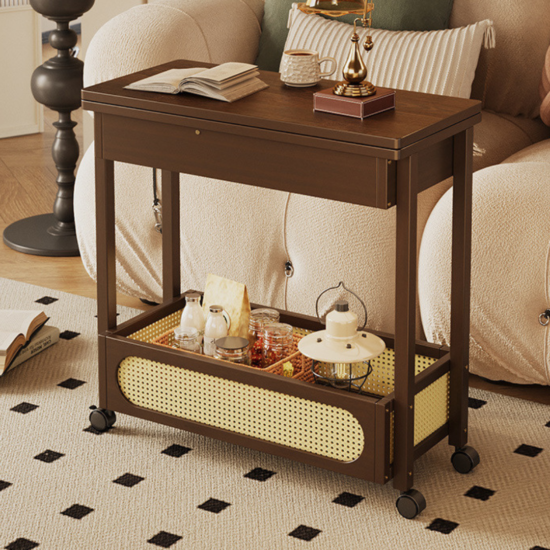 Smart Expandable Design Multi Use Hidden Storage Portable Table with 360° Locked Wheels