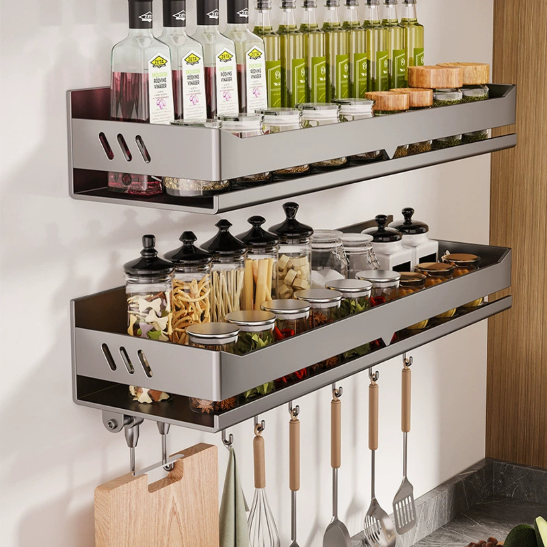HOMERO Multi-Purpose Stainless Steel Wall Mounted Spice Rack with Hooks - 60cm