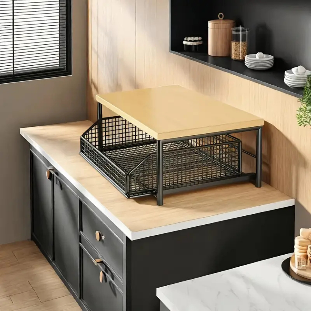 HOMERO Elegant Rolling Kitchen Microwave Cart with Wooden Shelf and Bottom Storage Basket