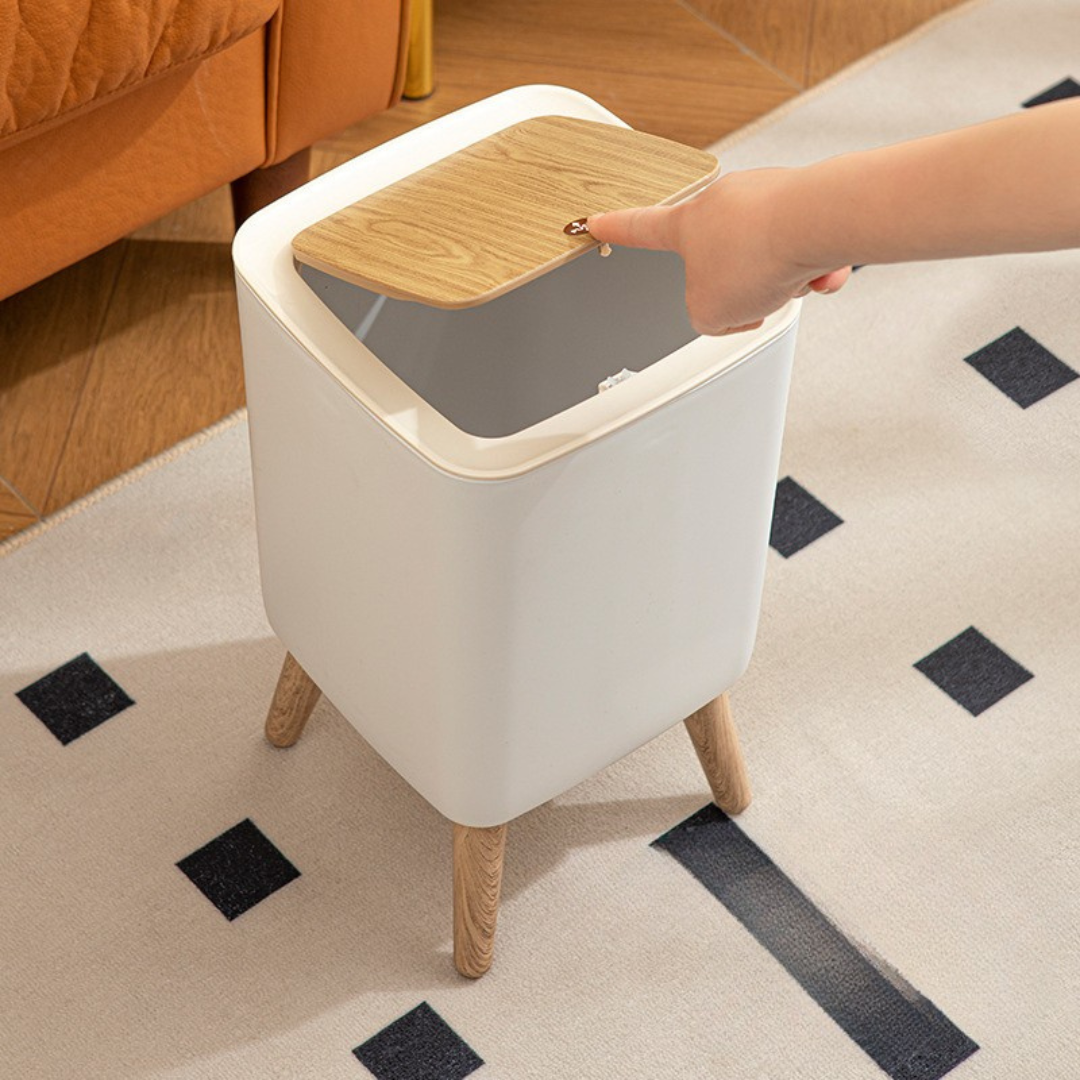 Homero Modern Square Trash Bin with Lid and Wooden Legs