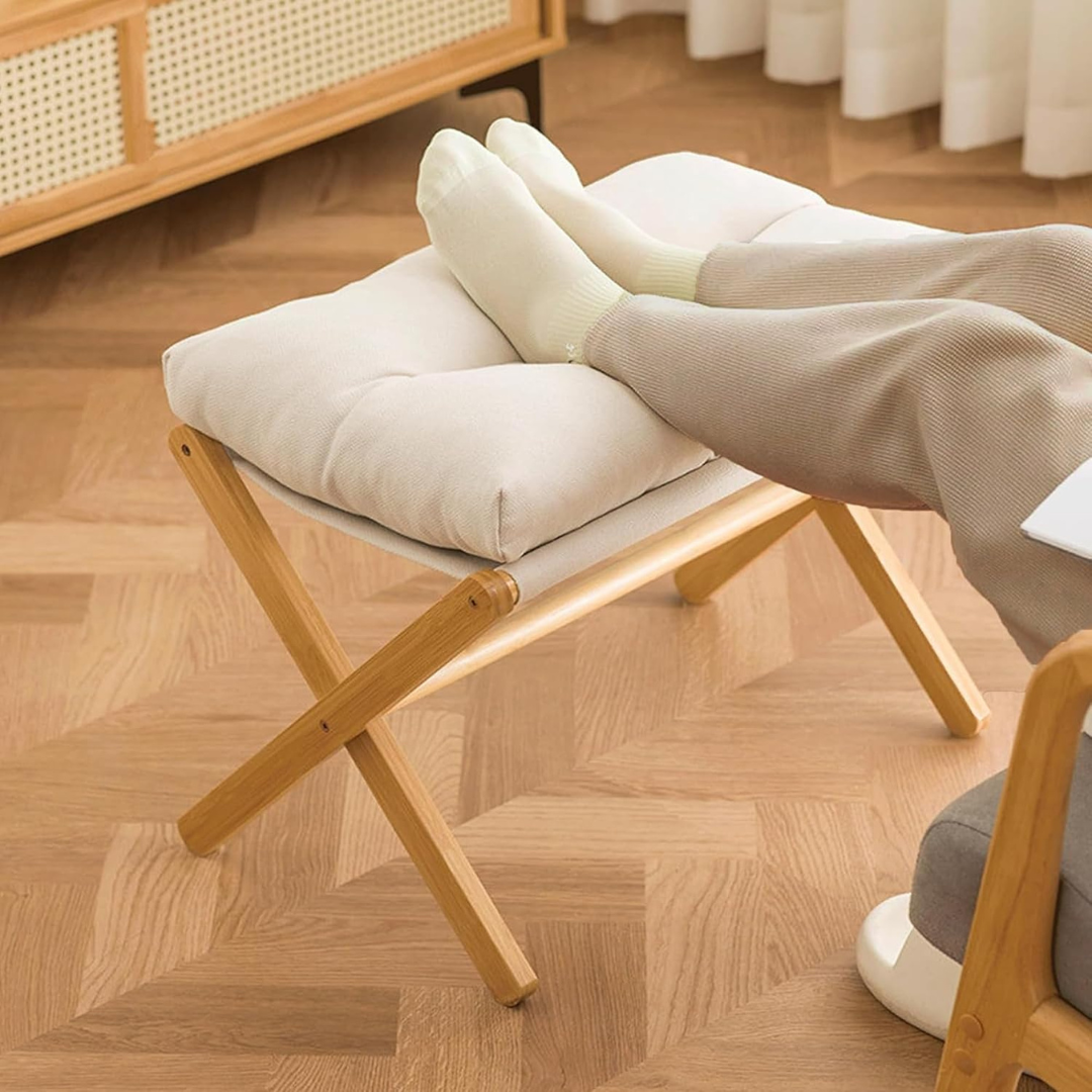 Wooden Bamboo Ottoman Foldable Stool with Removable Cushion