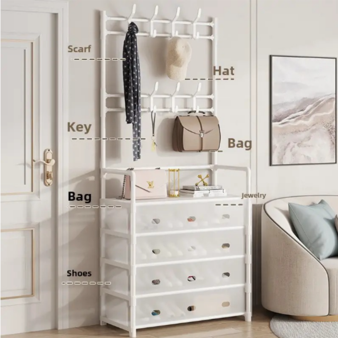 HOMERO 4-Tier Double Row Hooks Coat Rack with Shoe Storage