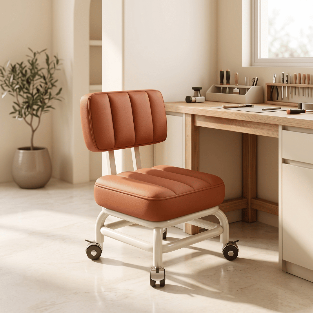 PU Leather Back Support Rolling Stool with 360° Swivel Wheels