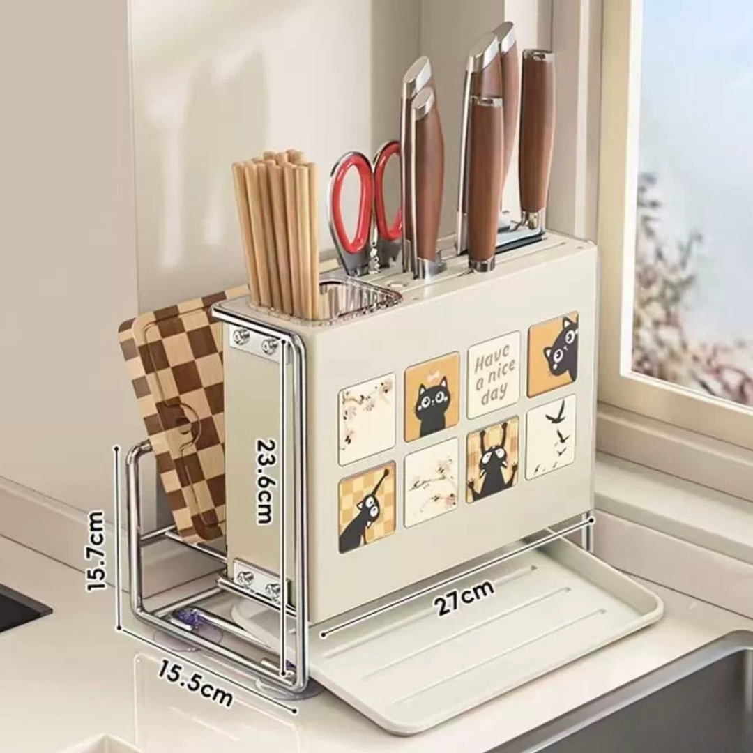 Multifunctional Kitchen Knife Holder Rack with Drip Tray