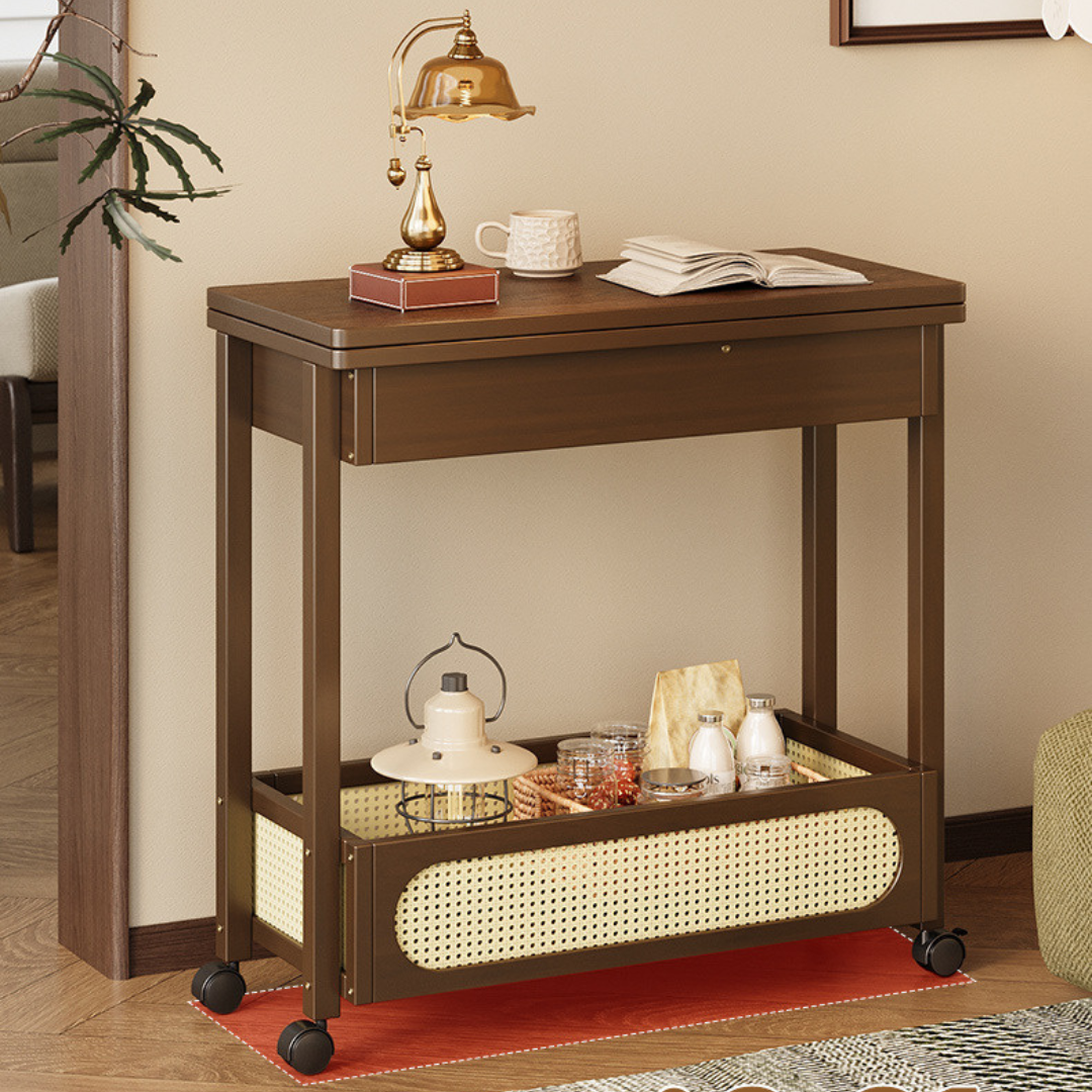 Smart Expandable Design Multi Use Hidden Storage Portable Table with 360° Locked Wheels