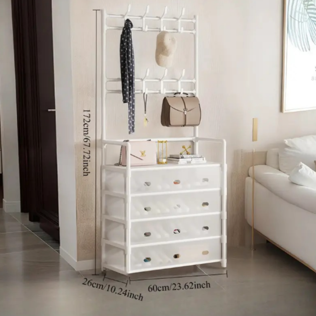 HOMERO 4-Tier Double Row Hooks Coat Rack with Shoe Storage