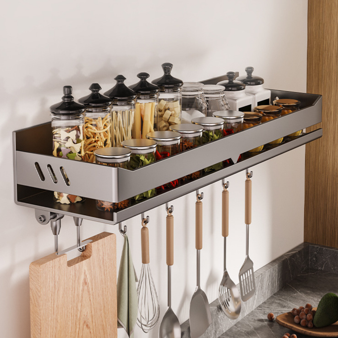 HOMERO Multi-Purpose Stainless Steel Wall Mounted Spice Rack with Hooks - 60cm