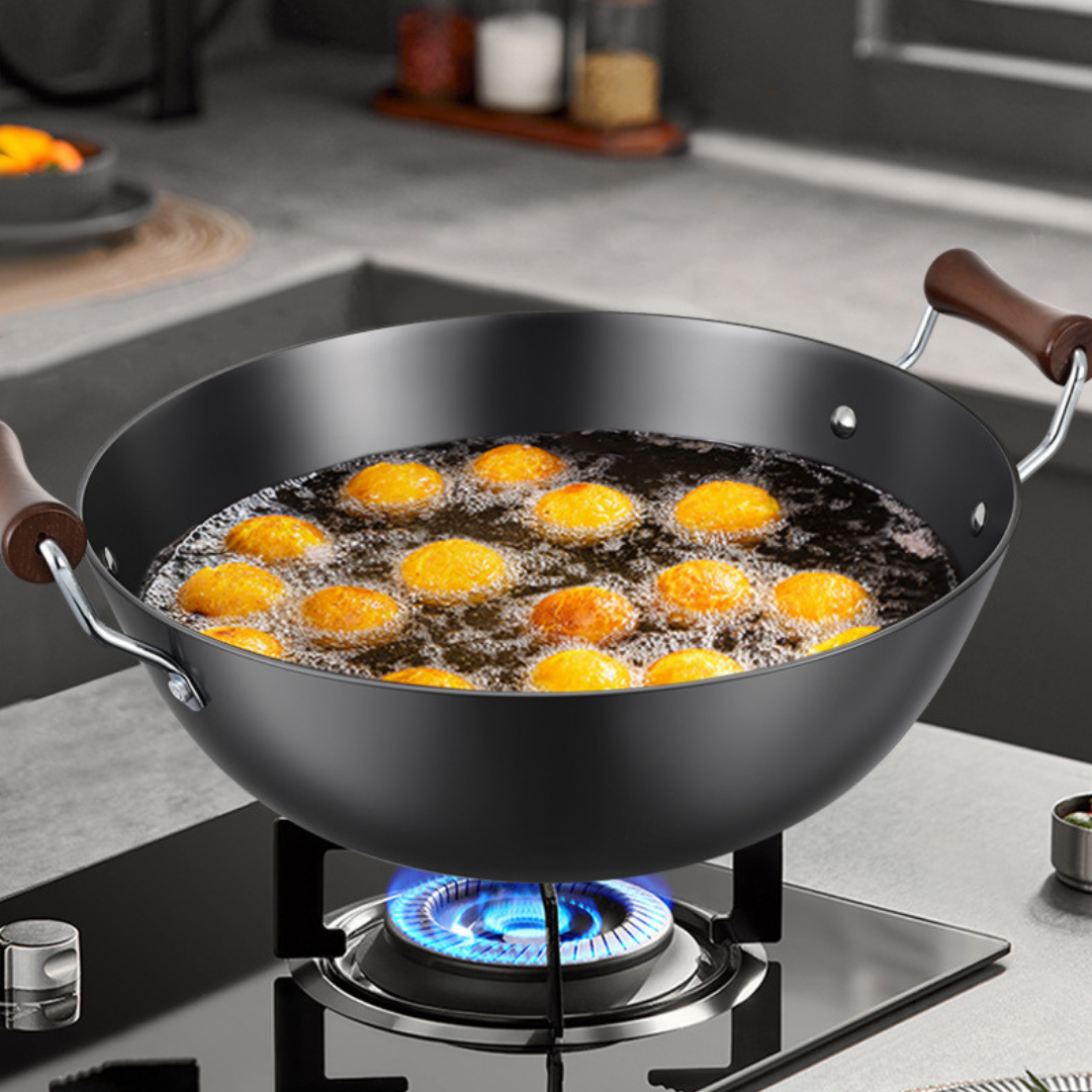 HOMERO Multi-Purpose Cast Iron Large Capacity Deep Kadai with Wooden Handle