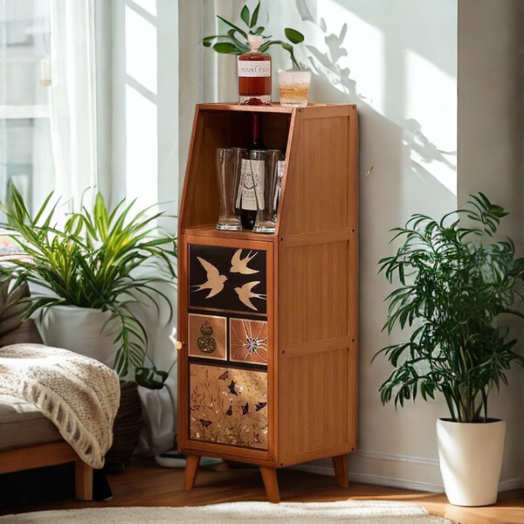 Multi-Purpose Vintage Printed Bamboo Sideboard Cabinet - 100cm Height