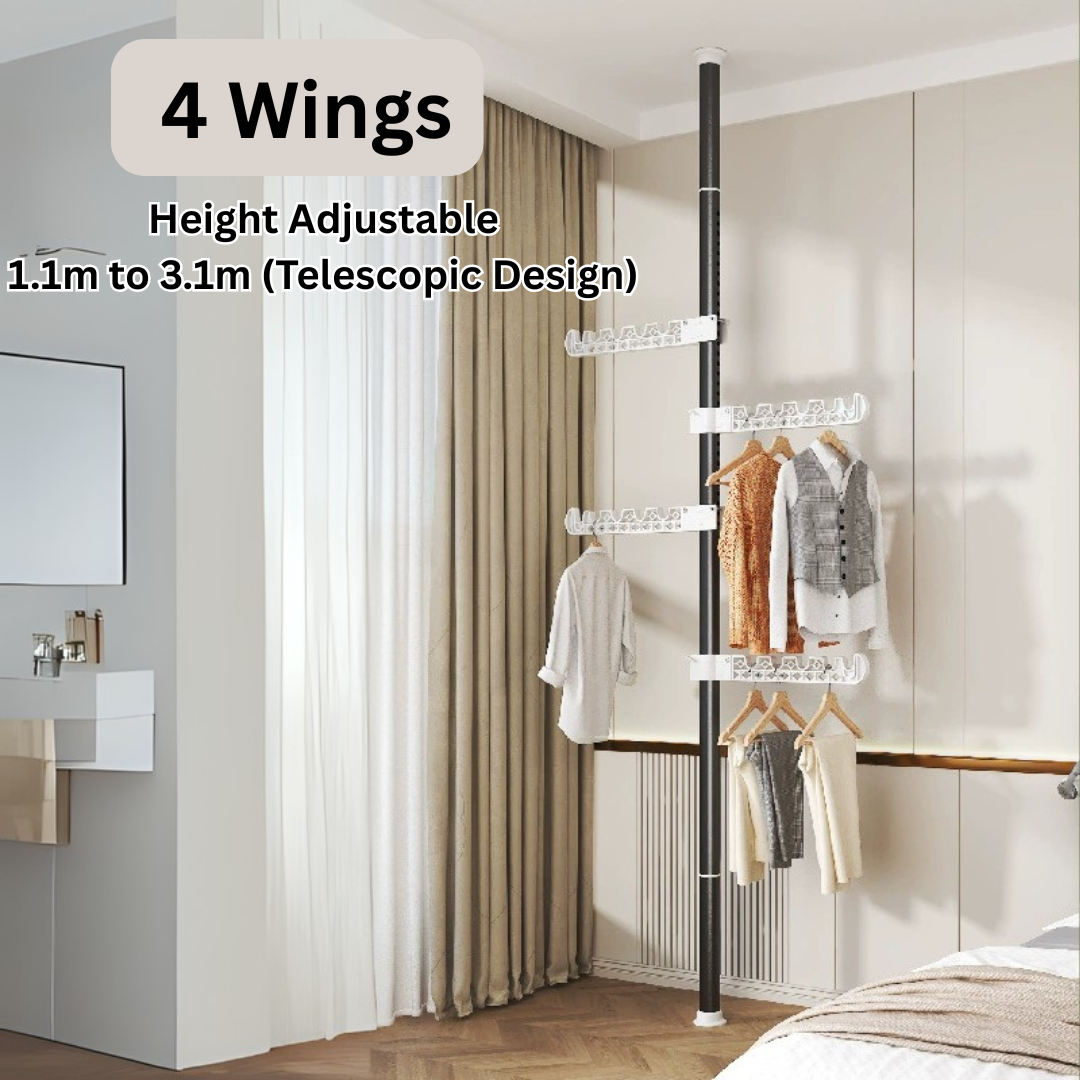 HOMERO Multi-Wing Heavy-Duty Telescopic Clothes Rack - Matte Black 3.1 Meter