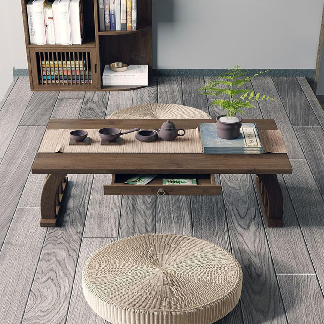 Premium Japanese Style Curve Bamboo Table with Storage Drawer