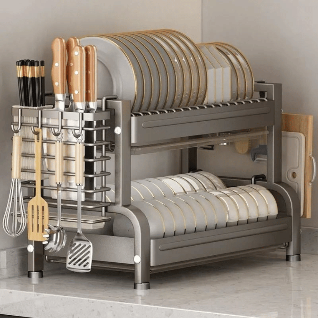 Two Tier Carbon Steel Dish Drying Rack with Knife Holder and Drip Trays