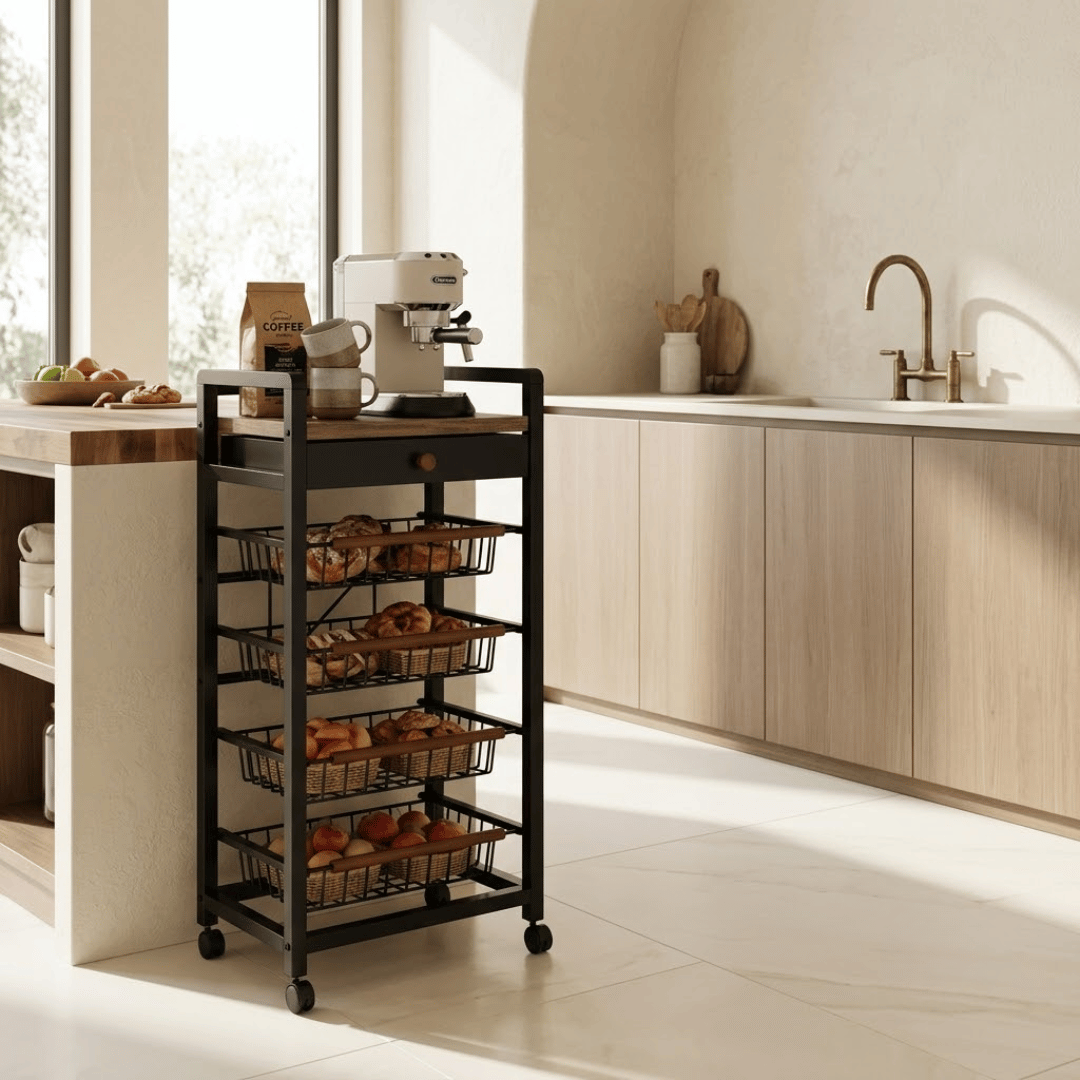 5 Tier Rolling Kitchen Storage Cart with Rustic Wooden Top and Pull Out Wire Baskets