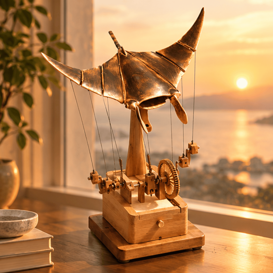 Handcrafted Wooden Manta Ray Automation Kinetic Art Sculpture