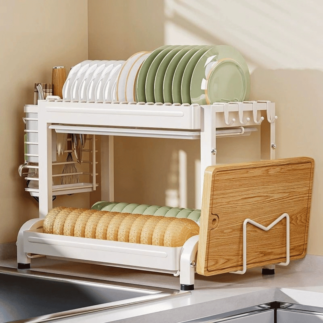 Premium Multi Layer Kitchen Dish Drying Rack with Cutting Board and Cutlery Storage