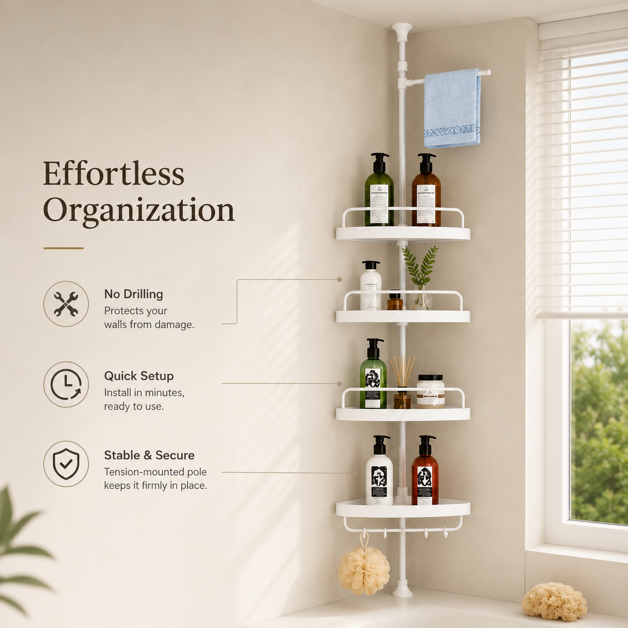 HOMERO Multipurpose Bathroom Rack with Hooks and Towel Bar - 4 Tier