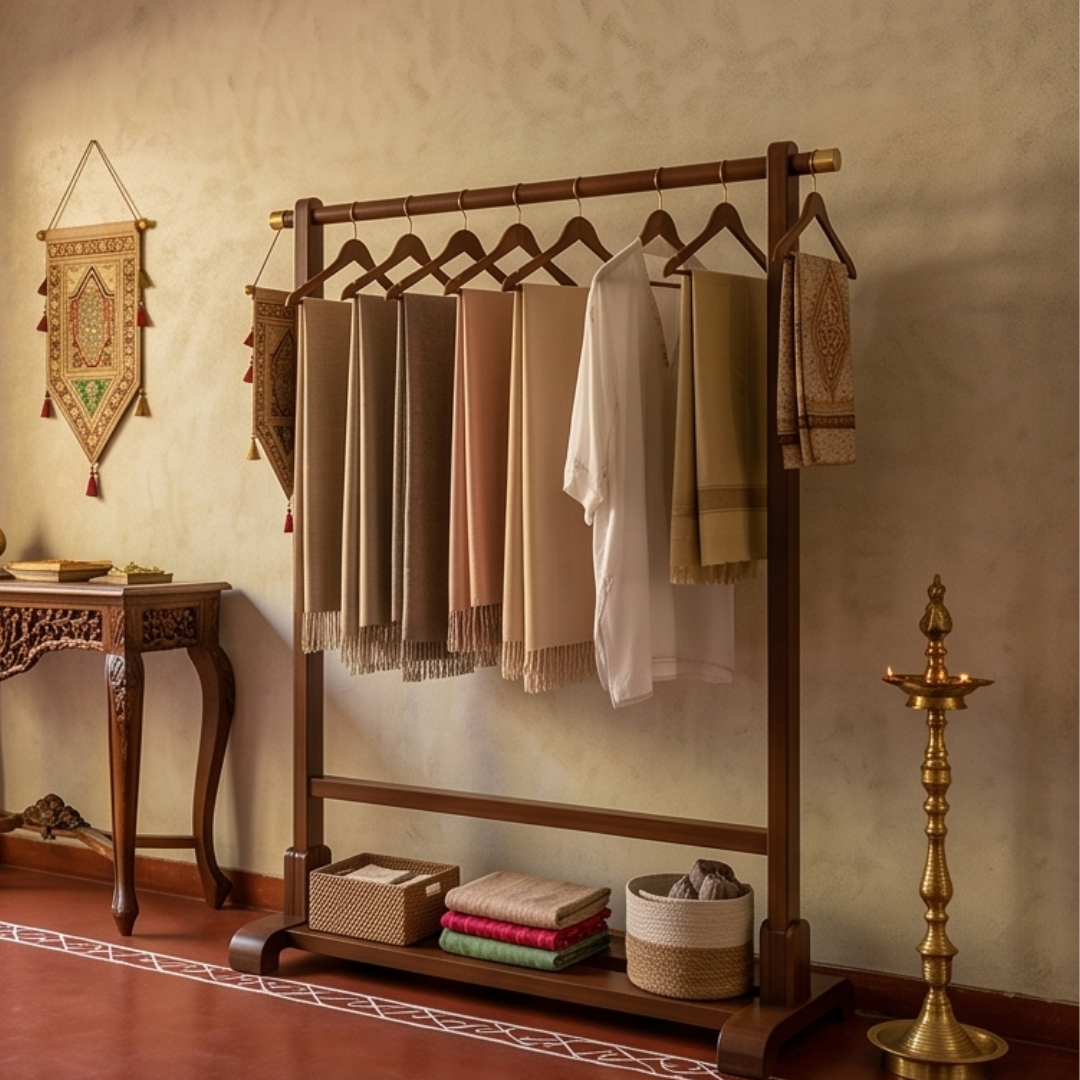 Solid Bamboo Coat Rack Open Wardrobe Organizer Stand With Hanging Rail And Side Hooks