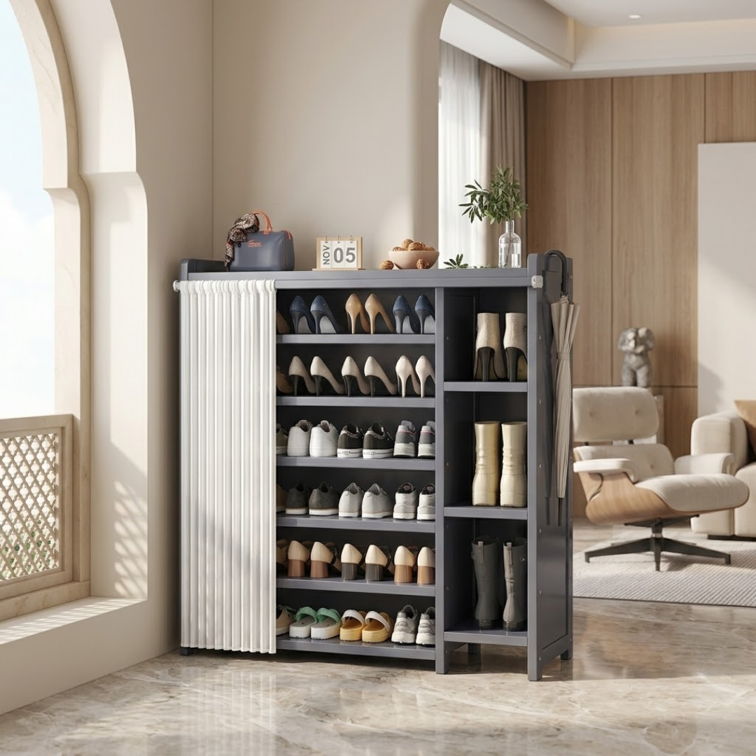 7 Tier Bamboo Shoe Rack Cabinet with Dustproof Curtain and Boot Storage