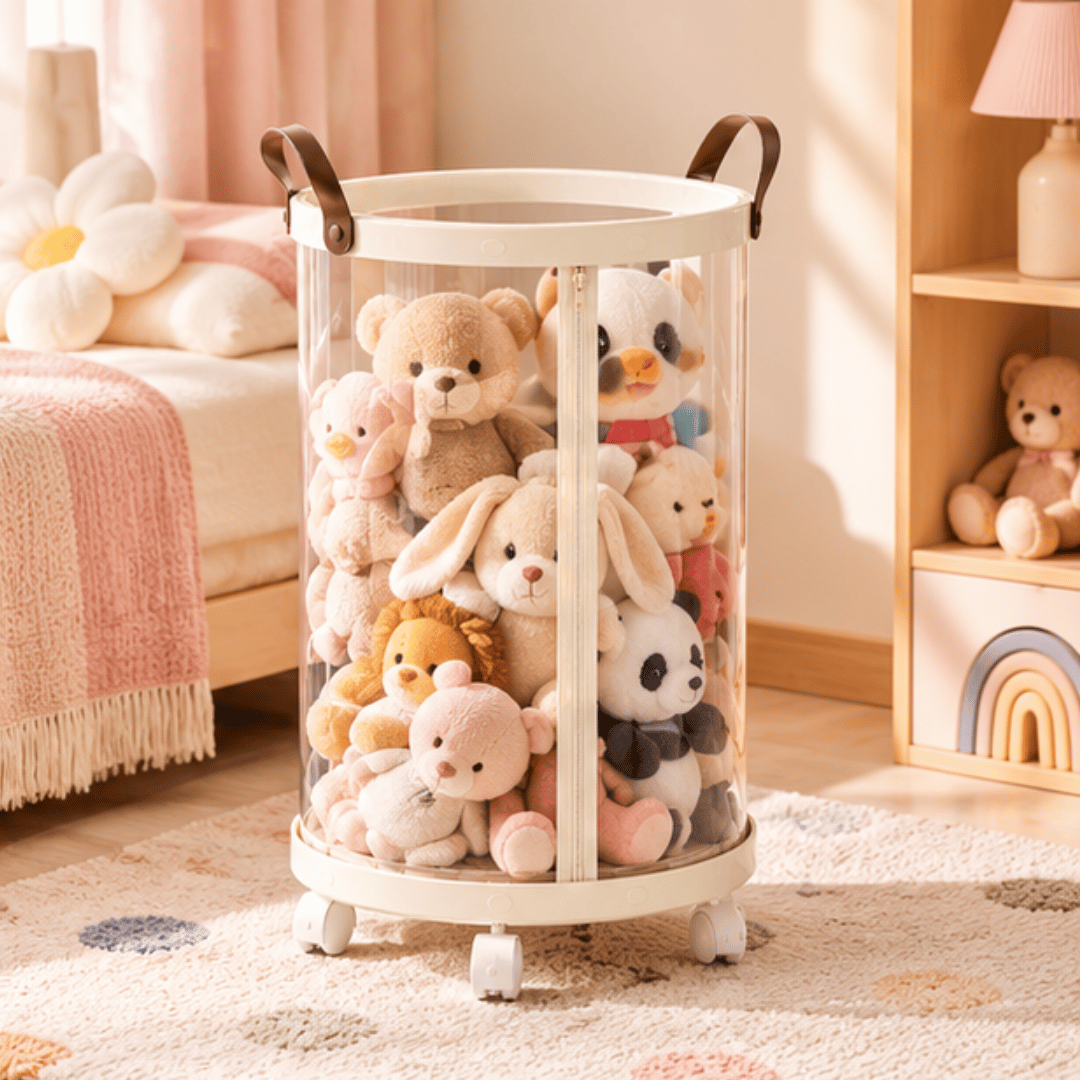 Modern Foldable Laundry Storage Basket with Transparent Body and Rotating Wheels