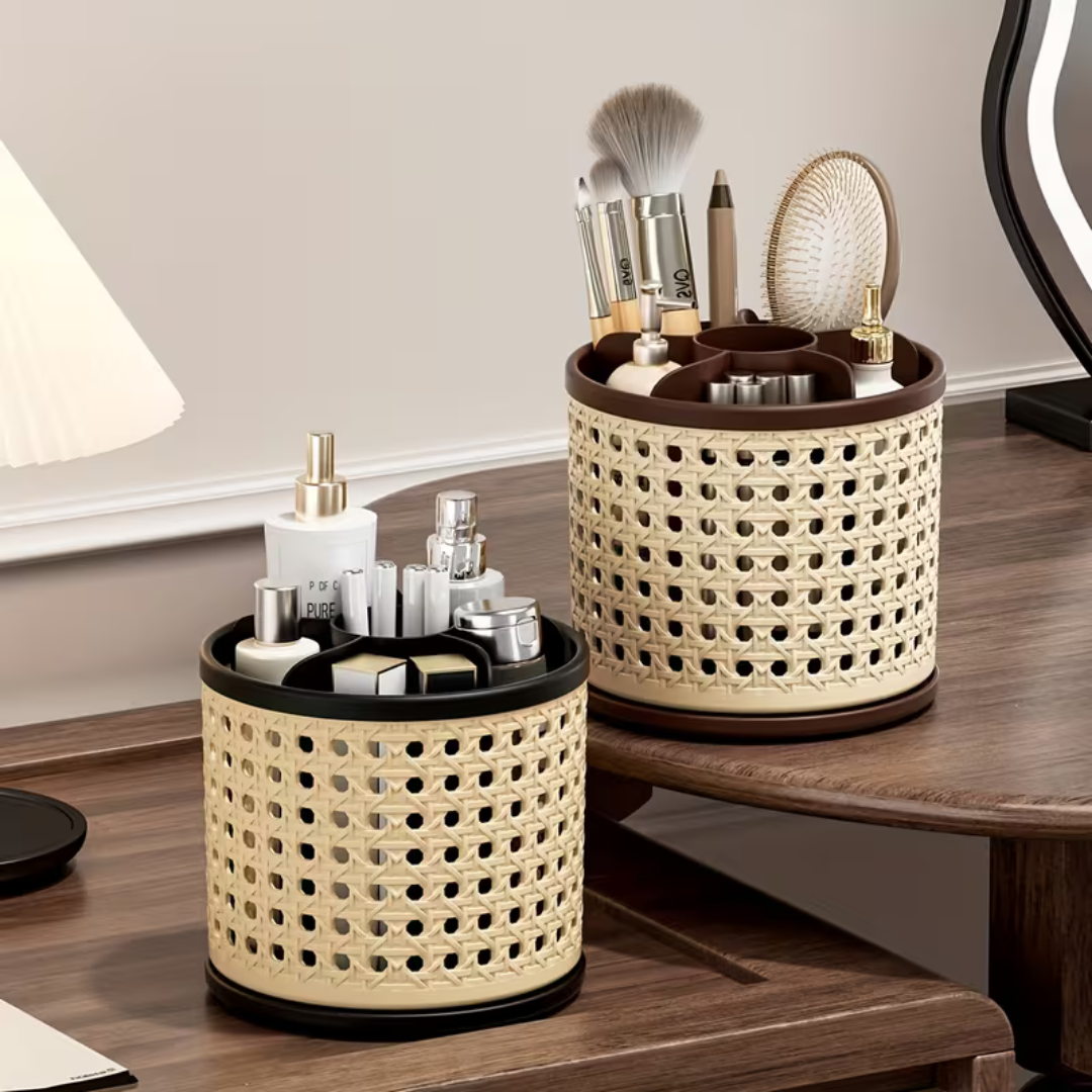 Multi Chamber Vintage Rattan Style Rotating Storage Organizer