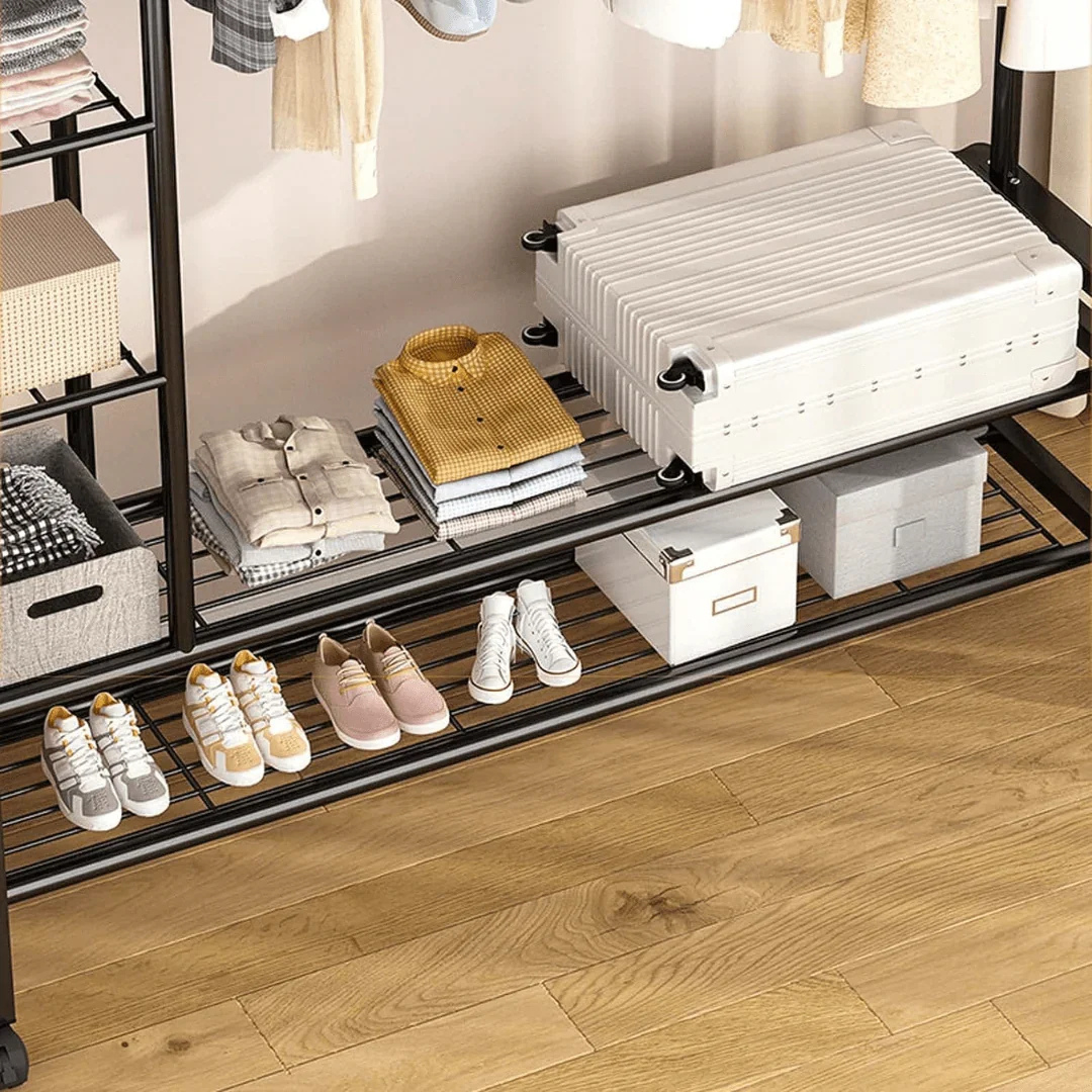 Multifunctional Double Rail Garment Shoe Rack With Wheels