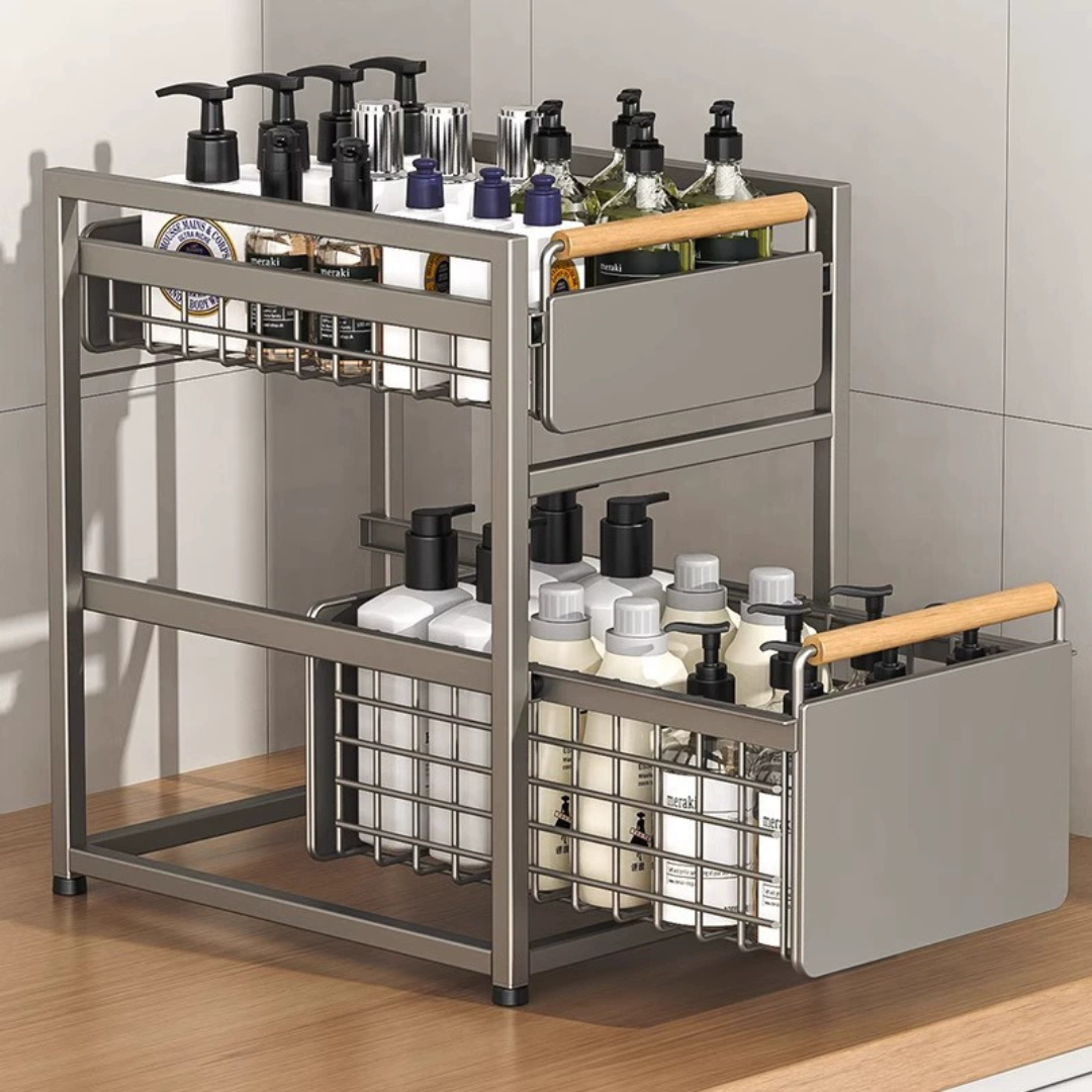 Double Layer Pull Out Under Sink Storage Rack with Wooden Handle