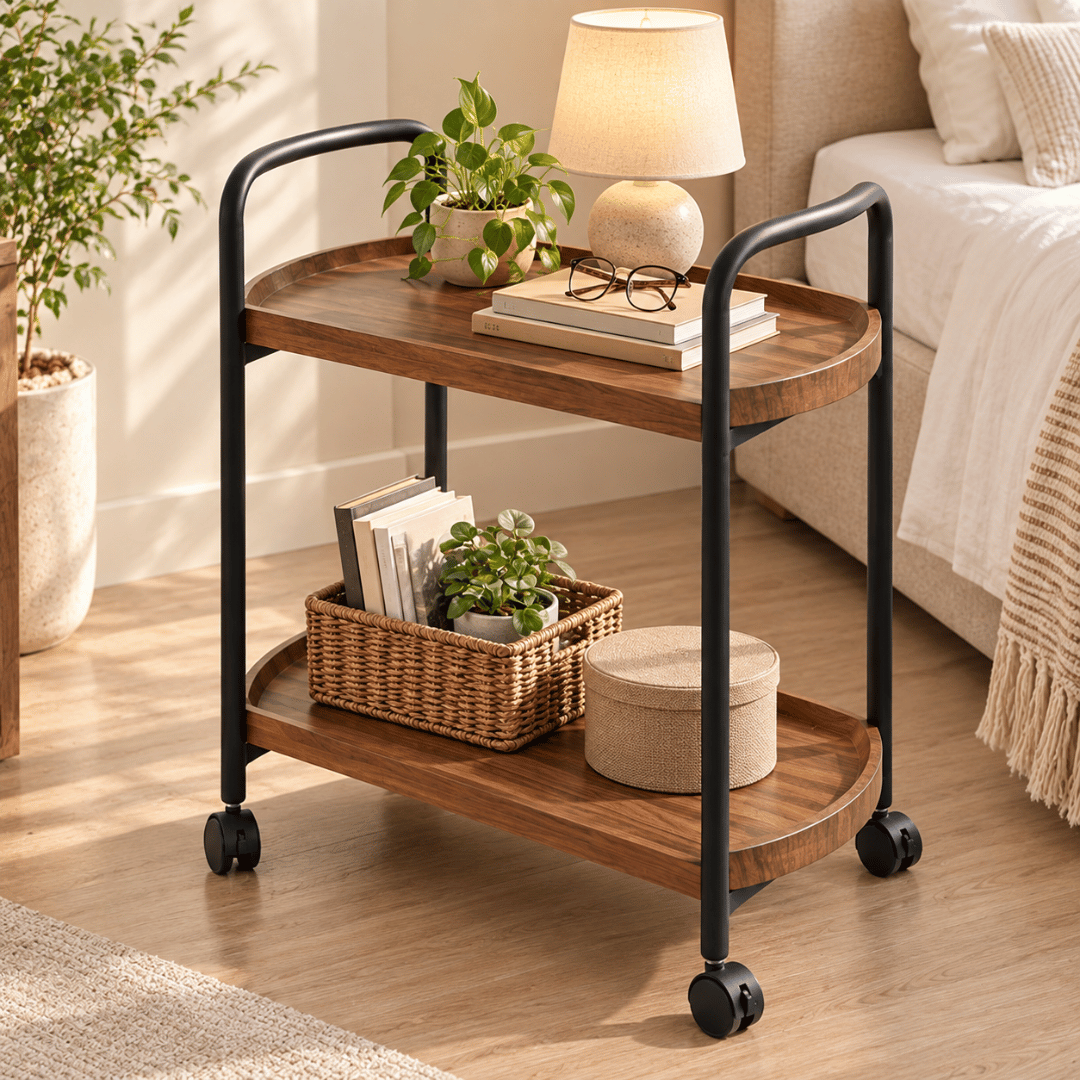 Double Layer Rolling Wooden Trolley With Wheels