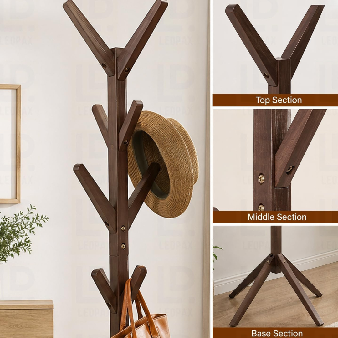 Bamboo Wooden Tree Coat Rack Stand with 8 Hooks