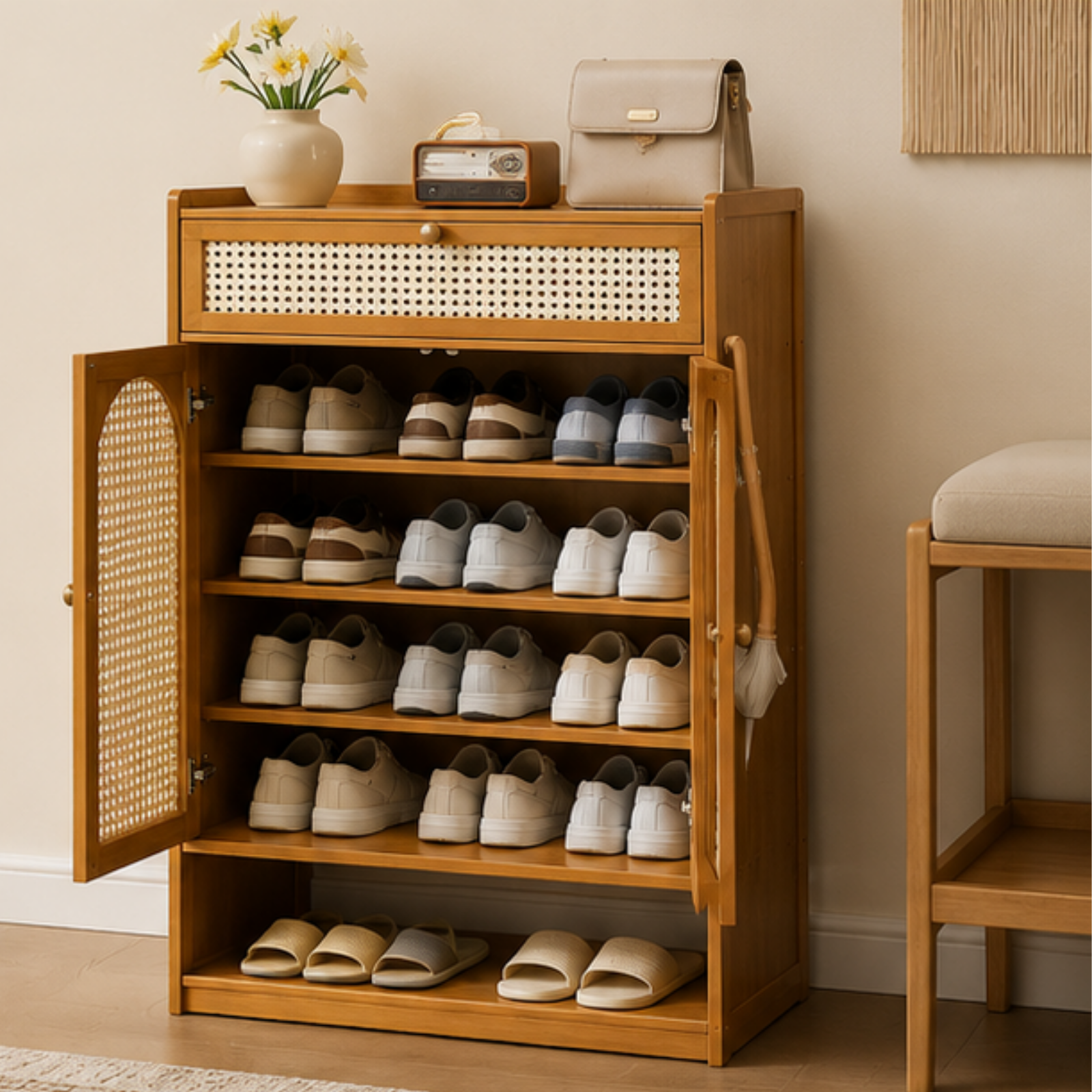 Bamboo Shoe Storage Cabinet with Rattan Mesh Doors and Drawer