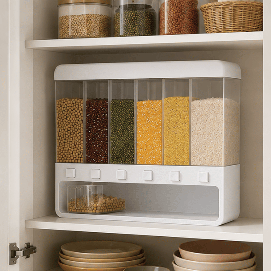 Six Compartment Airtight One Touch Grain Dispenser Storage Container With Measuring Cup