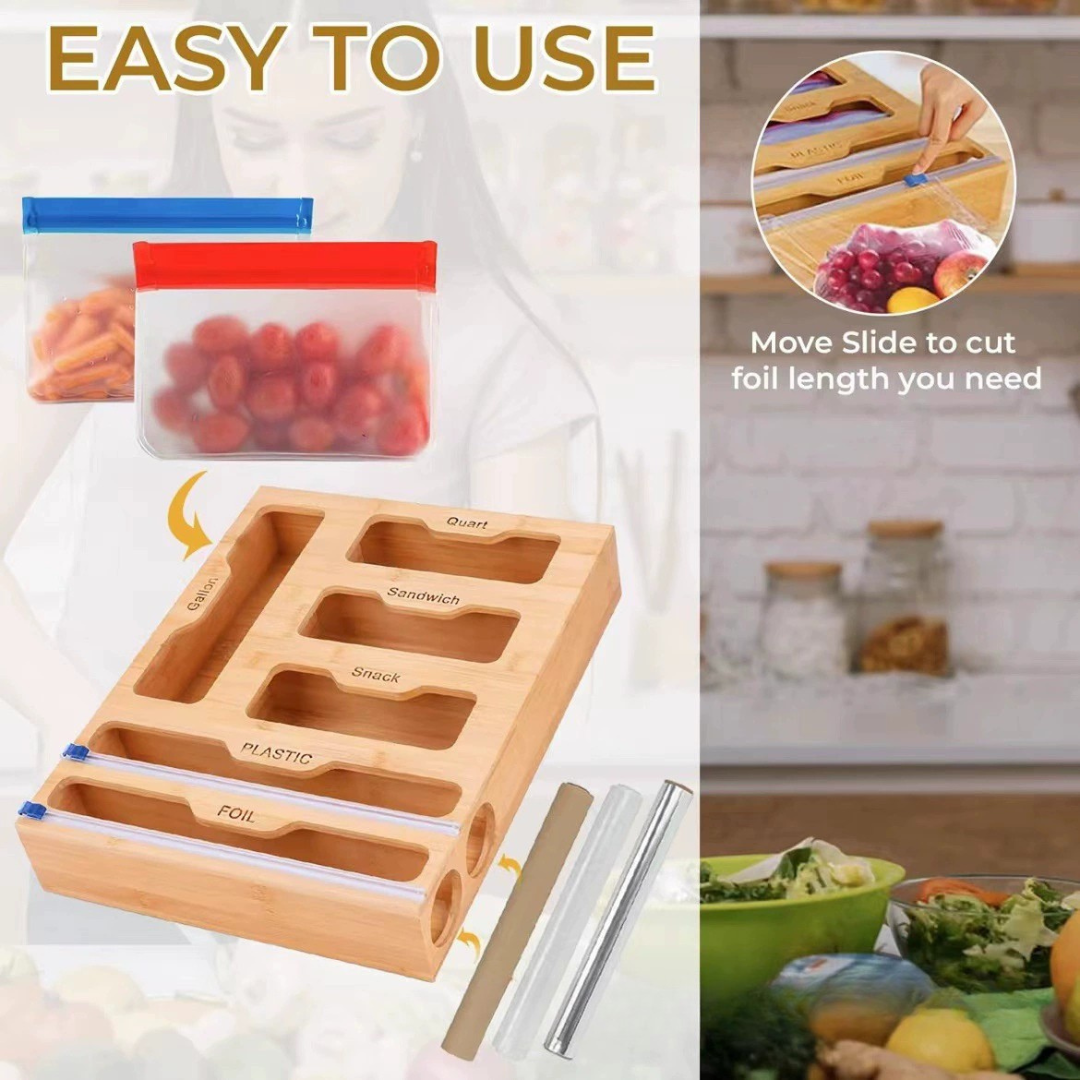 6 in 1 Bamboo Kitchen Storage Organizer with Bag Compartments and Wrap Cutters