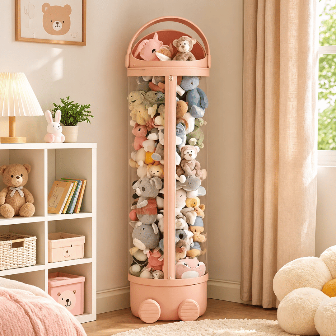 Transparent Cylindrical Plush Toy Storage Organizer with Dust Resistant Zipper
