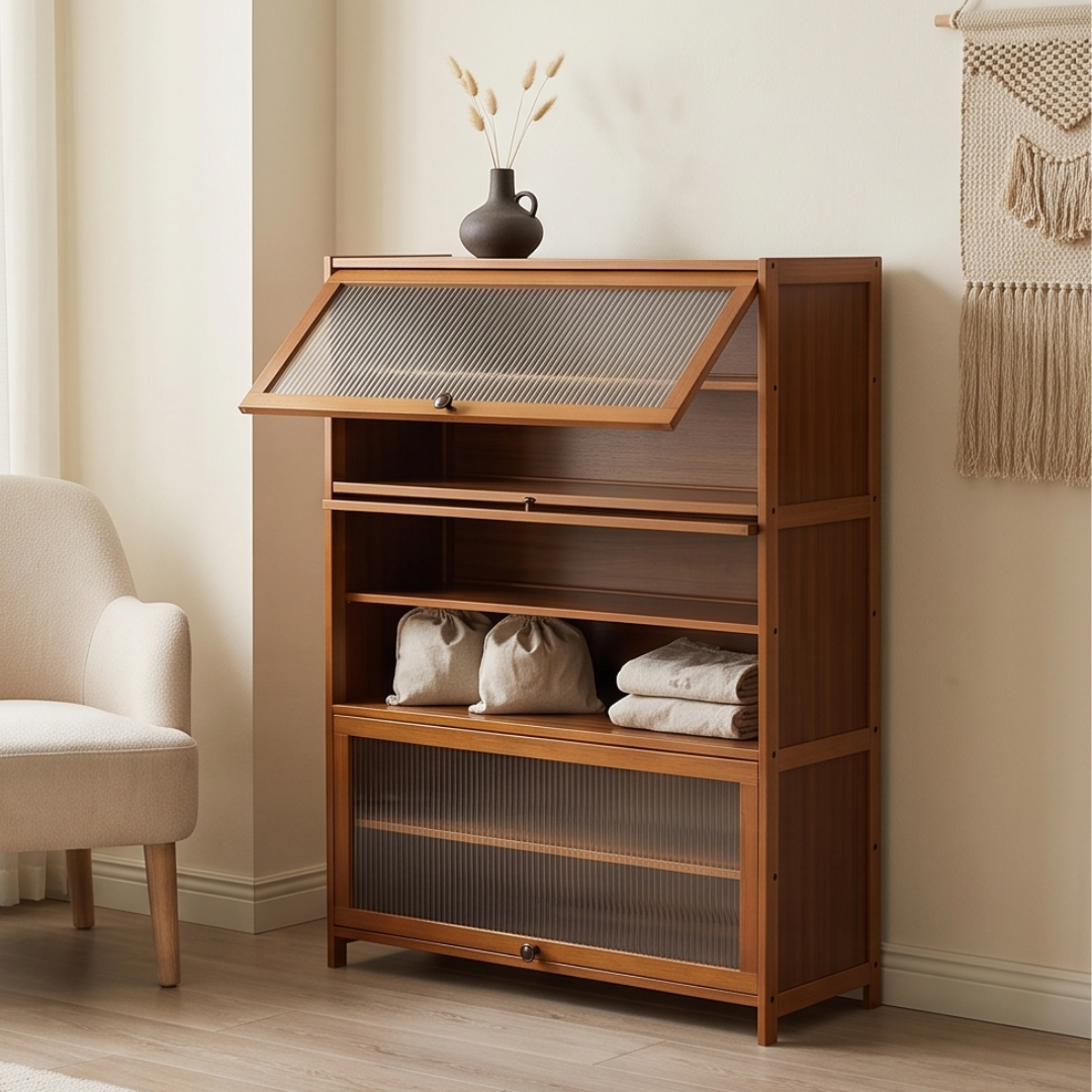 Multi-Tier Bamboo Shoe Rack with Transparent Flap Door