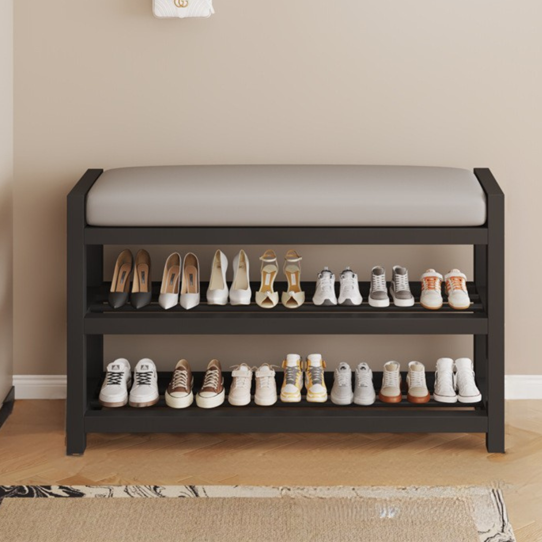 Multifunctional Carbon Steel Shoe Bench Rack with PU Leather Cushion