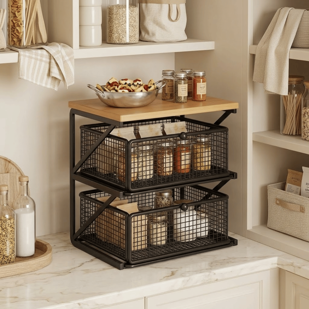 Multi Purpose Wooden Top Organizer with Two Sliding Drawers