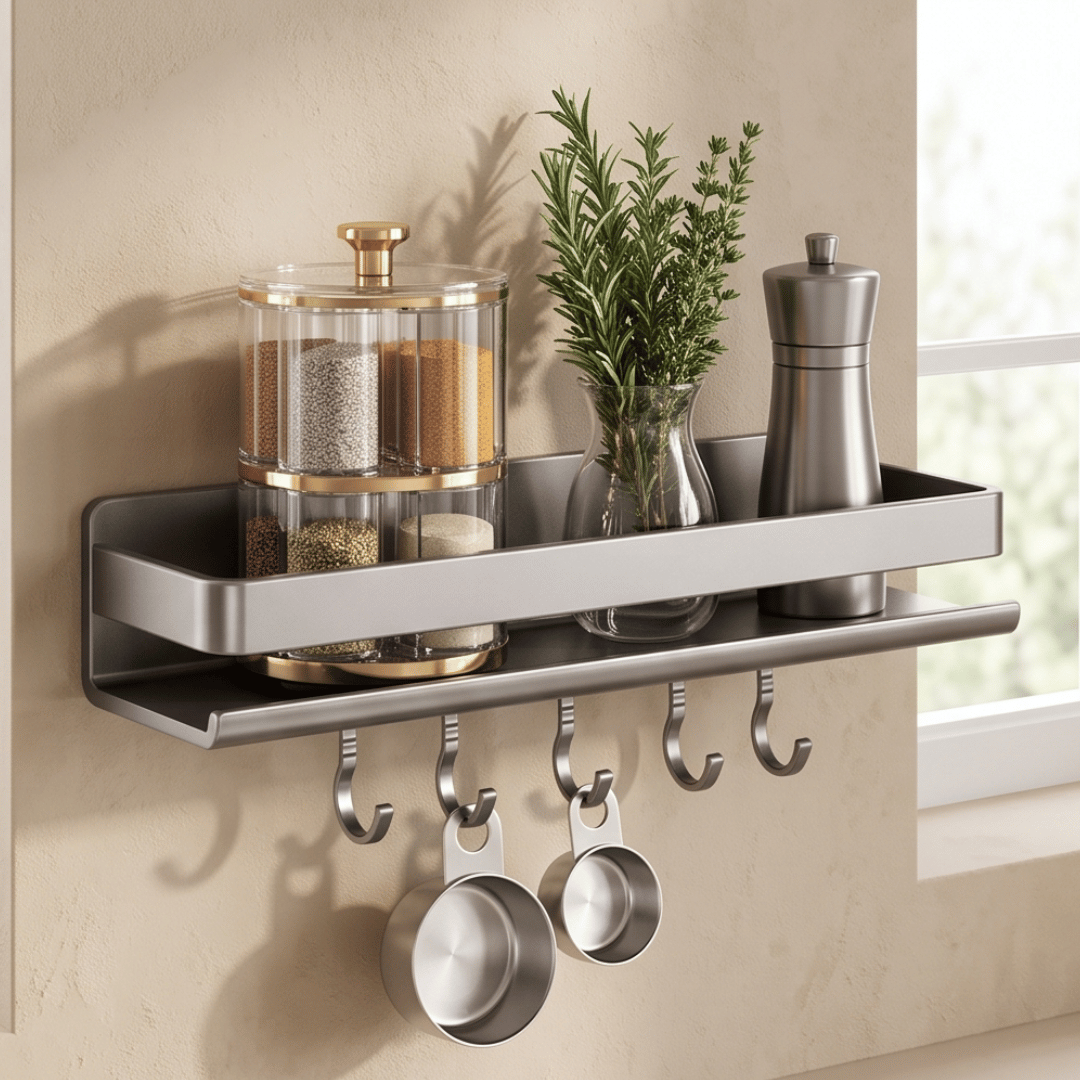 Wall Mounted Kitchen Spice Rack Organizer with Hooks