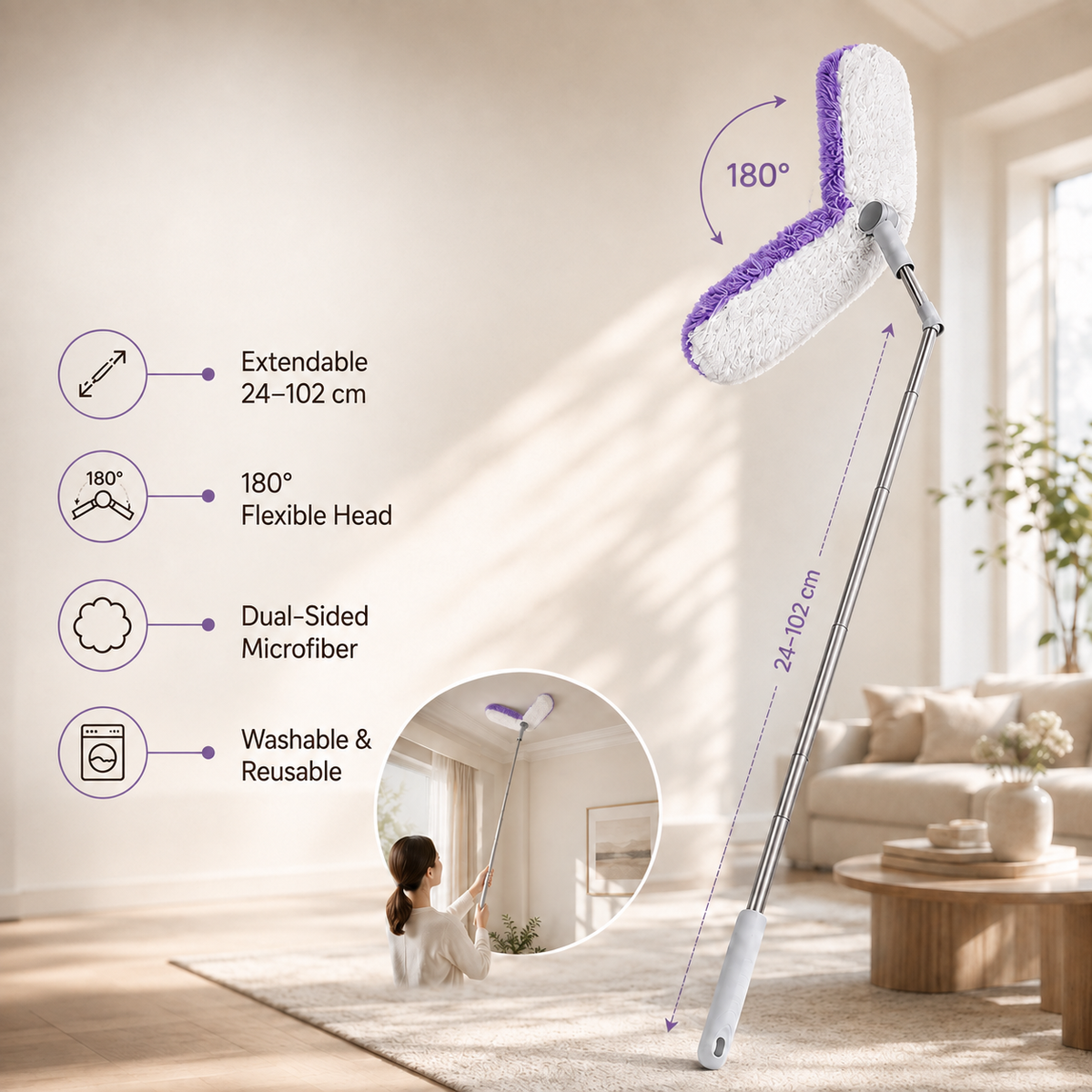 Extendable Dual Head Microfiber Duster with Bendable Cleaning Head