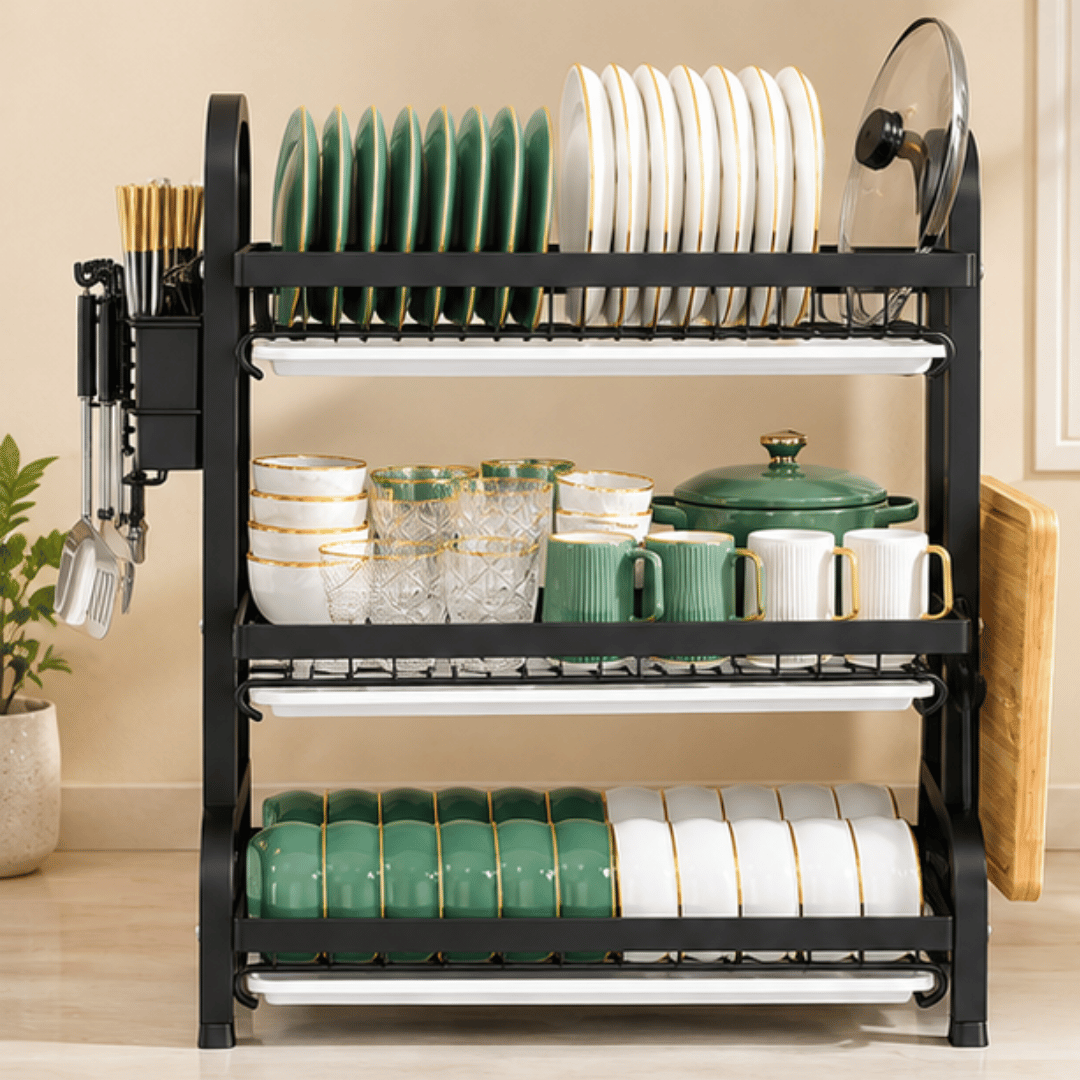 3 Tier Kitchen Dish Drying Rack with Drain Trays Cutlery Holder and Cutting Board Holder