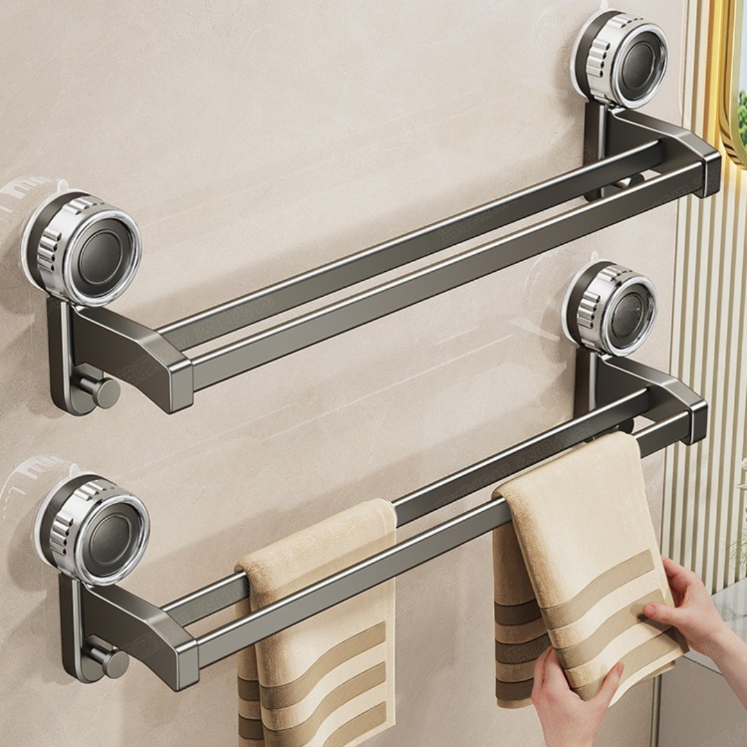 Premium Suction Cup Wide Spacing Aluminum Double Bar Towel Rack