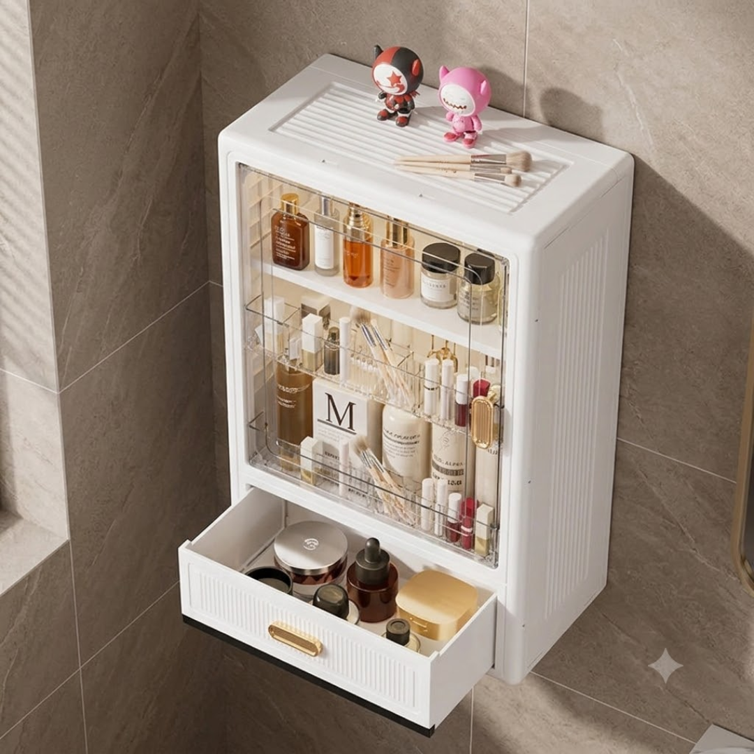 Elegant Wall Mounted Storage Cabinet With Fluted Glass & Drawer