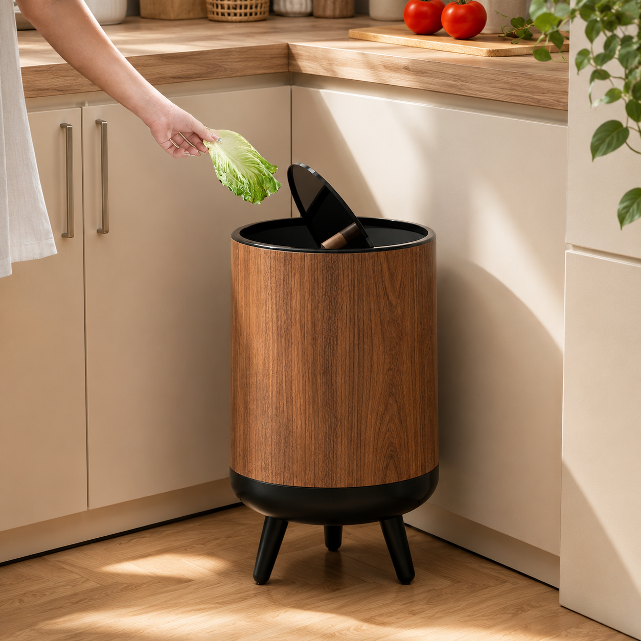 Nordic Style Wooden Grain Elevated Trash Can - 15L Capacity