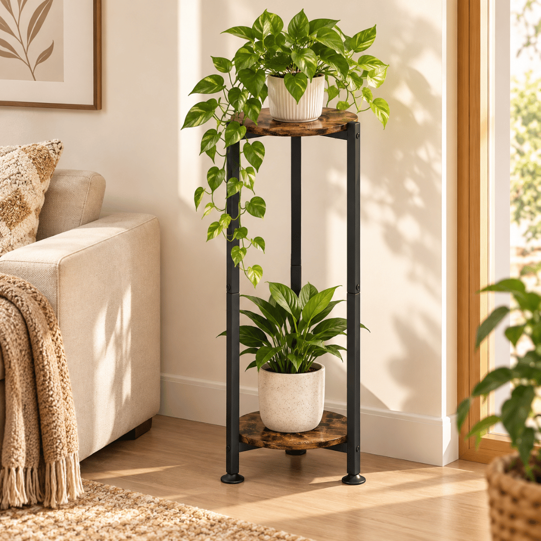 Two Tier Round Plant Stand with Oak Finish Shelves and Metal Frame