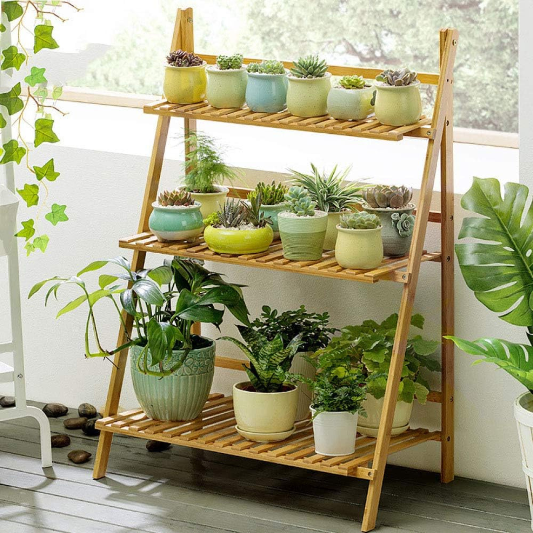 Homero 3 Tier Bamboo Folding Ladder Plant Stand Wide Display Rack - 70x40x96 cm