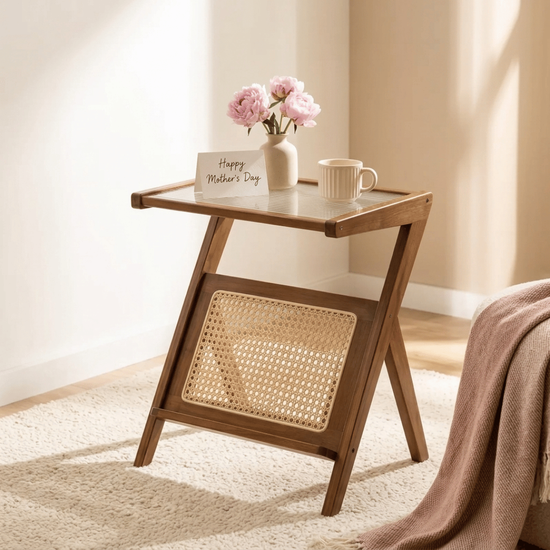 Elegant Z-Shape Boho Wooden Side Table with Toughened Glass Top