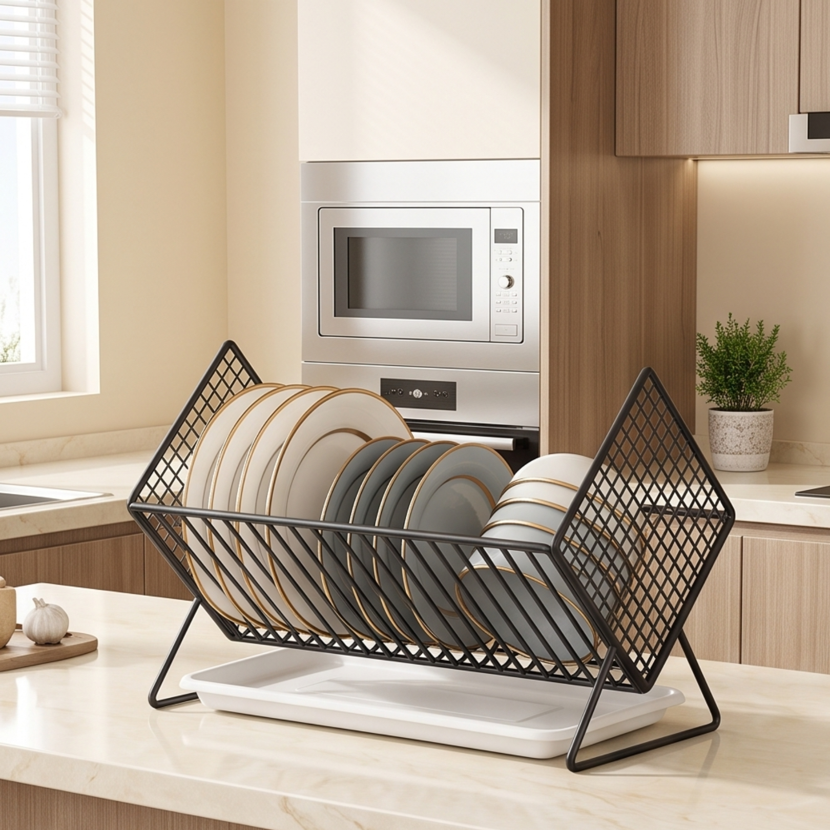 Multi-Purpose X Shaped Carbon Steel Kitchen Dish Rack with Drip Tray