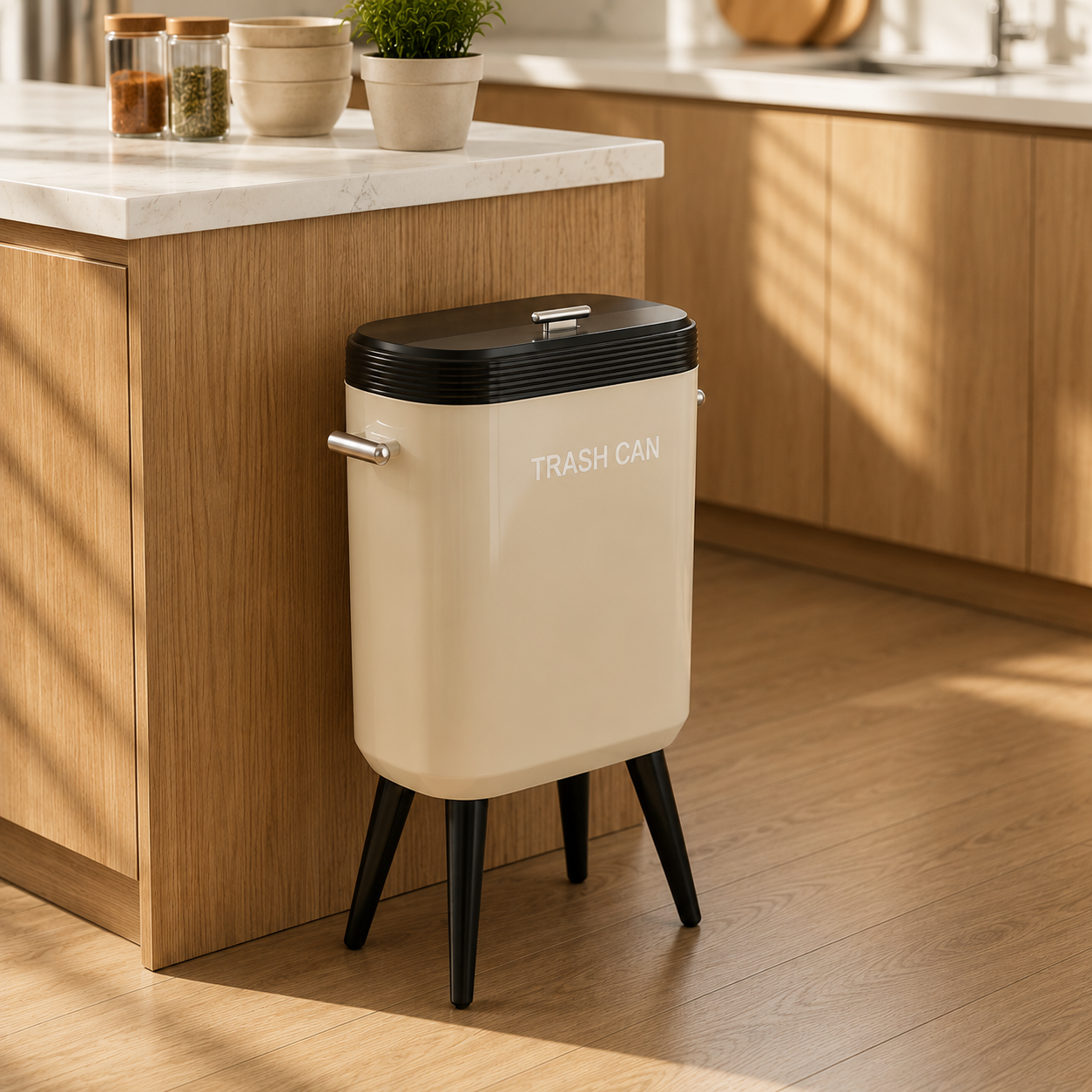 Retro Standing Slim Legged Trash Can with Lid - Cream