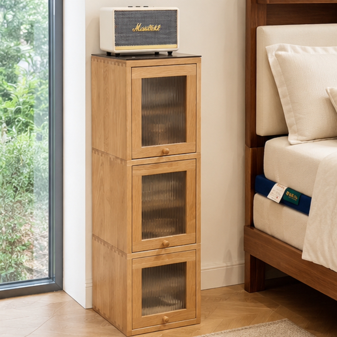 Premium Solid Oak Standalone Glass Door Storage Cabinet