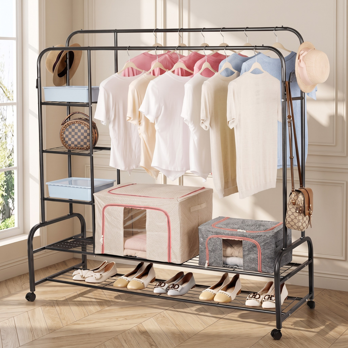 Multifunctional Double Rail Garment Shoe Rack With Wheels