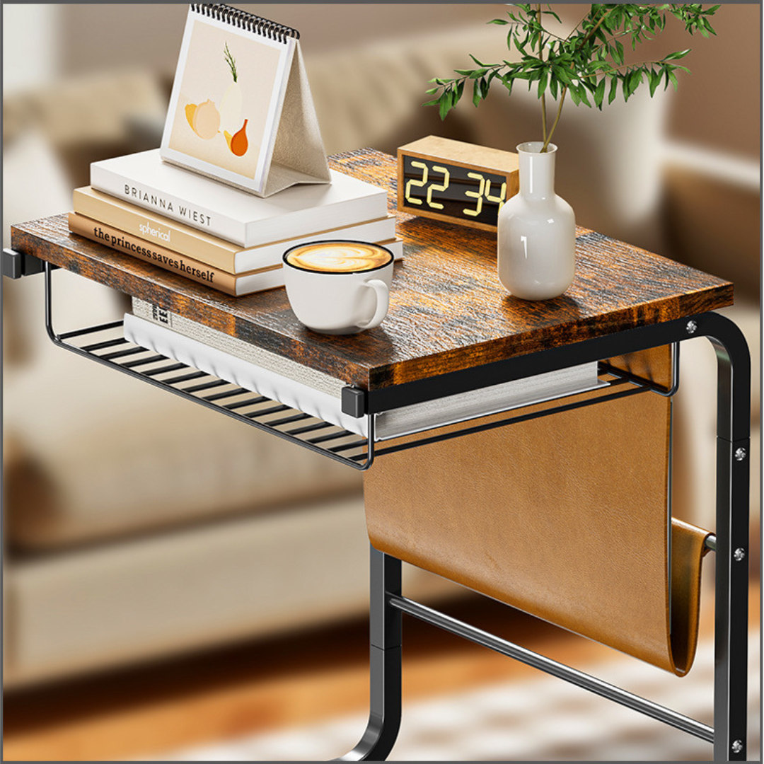 C Shaped Rolling Side Table with Storage Shelf Fabric Pocket and Wheels